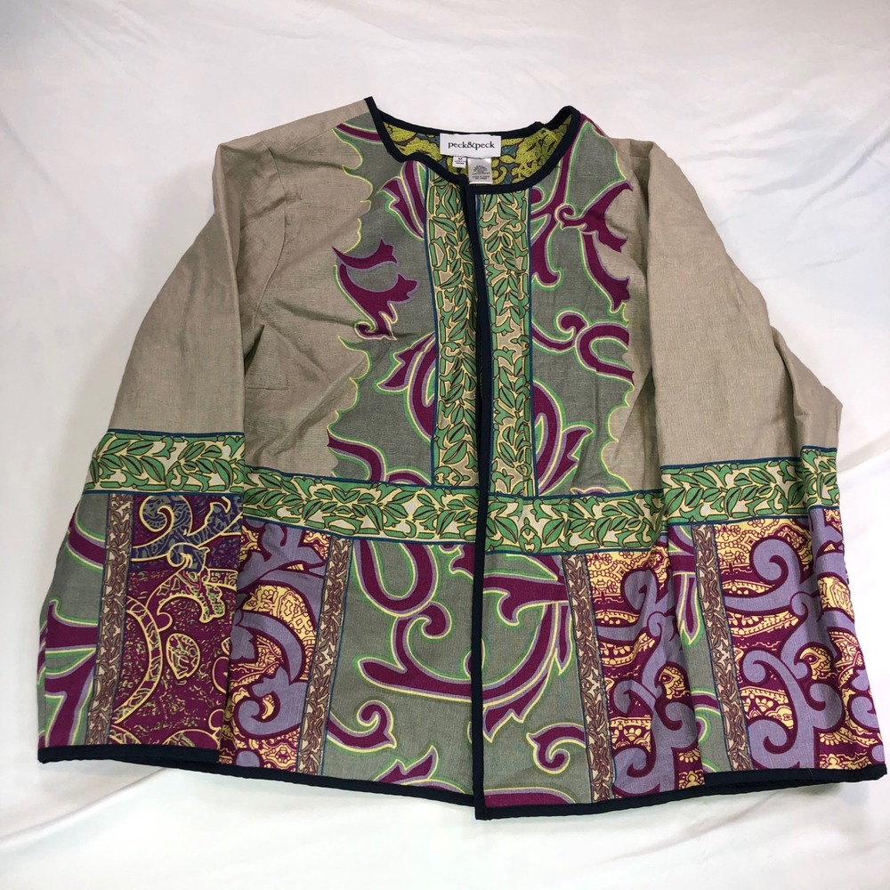 Peck & Peck Women Medium Linen Blend Paisley Print‎ Open Front Jacket Tan Purple